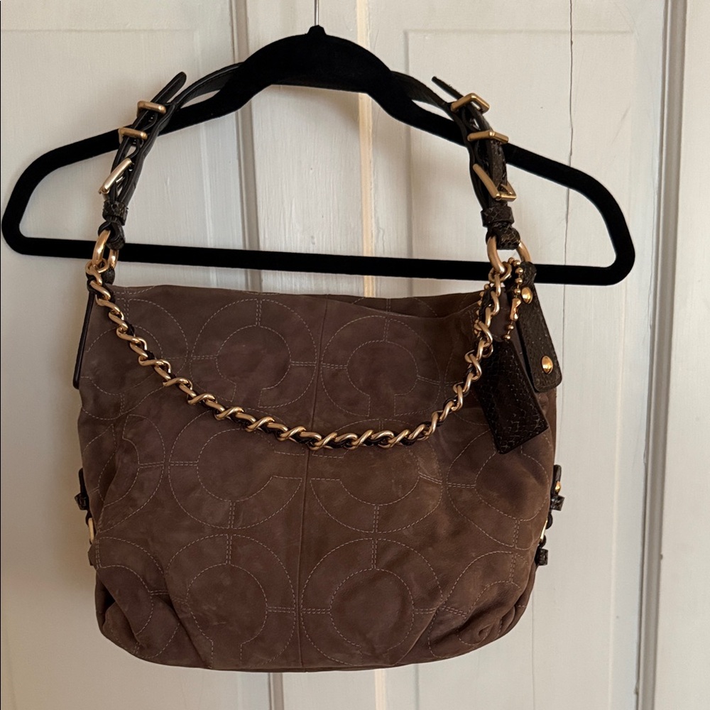 Coach Brown Suede Shoulder Bag with Gold Chain